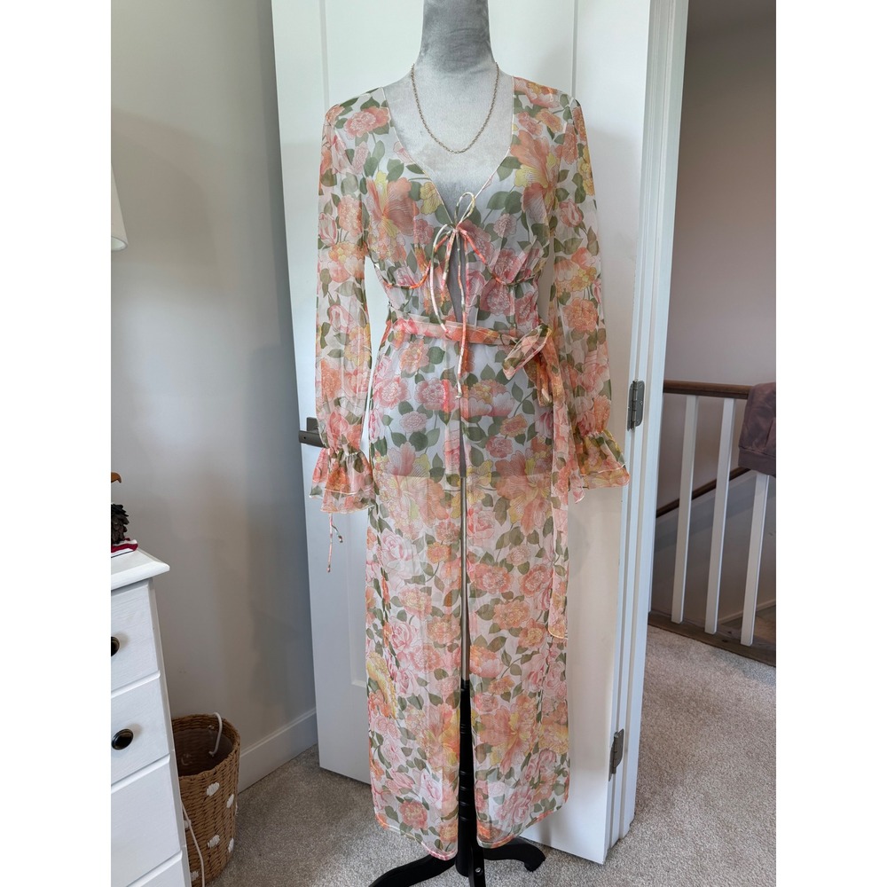 Vintage Vanity Fair Floral Sheer Tricot Robe 36 Peach Orange Maxi Duster 70s USA